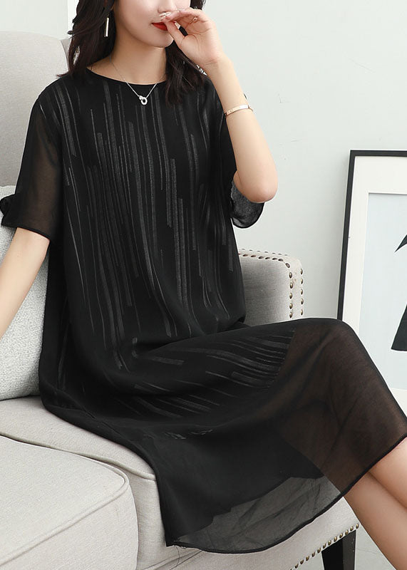 Fashion Black O Neck Striped Patchwork Chiffon Dress Summer