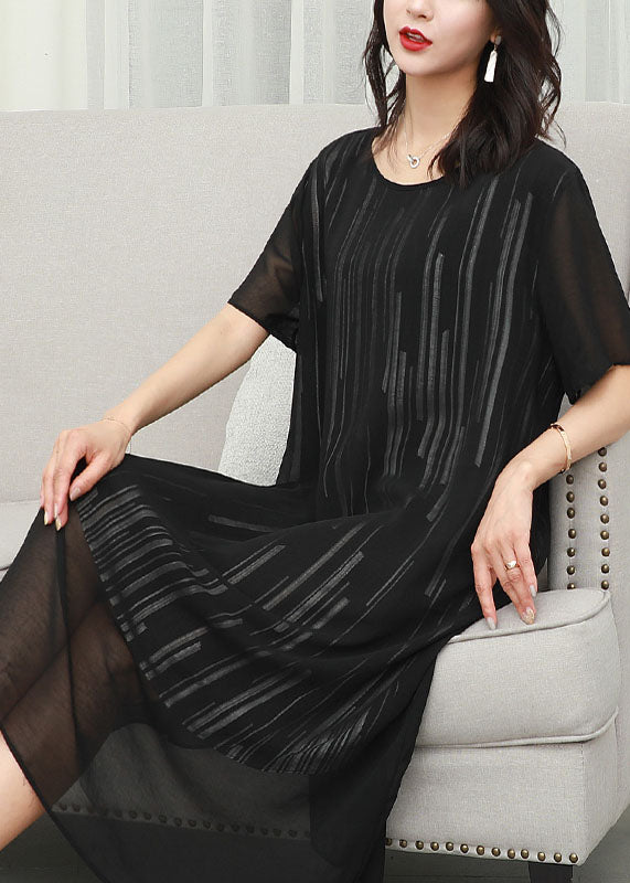 Fashion Black O Neck Striped Patchwork Chiffon Dress Summer