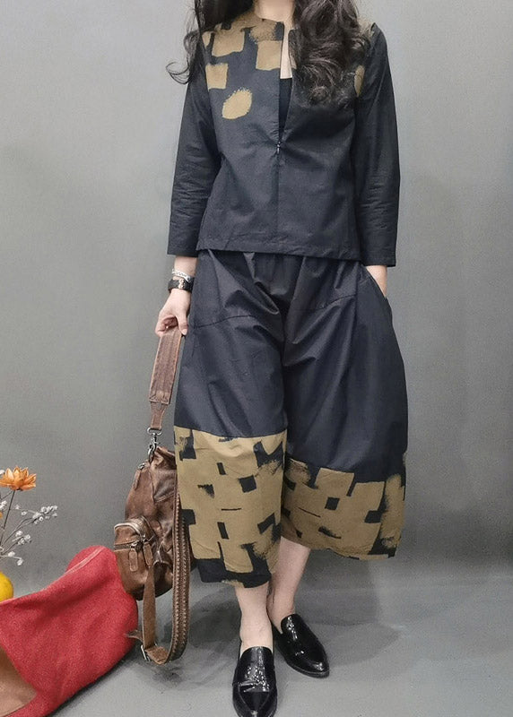 Fashion Black O-Neck Zippered Cotton Top And wide leg pants Two Pieces Set Spring