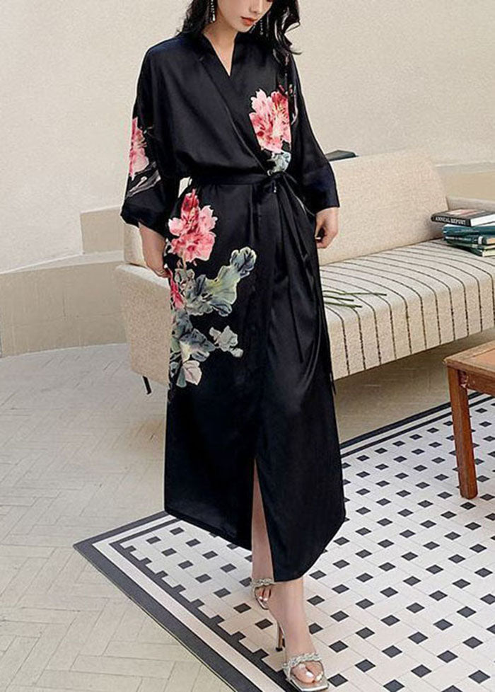 Fashion Black Oversized Print Ice Silk Loose Robe Summer