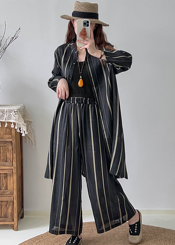 Fashion Black Oversized Striped Linen Silk Two Pieces Set Fall