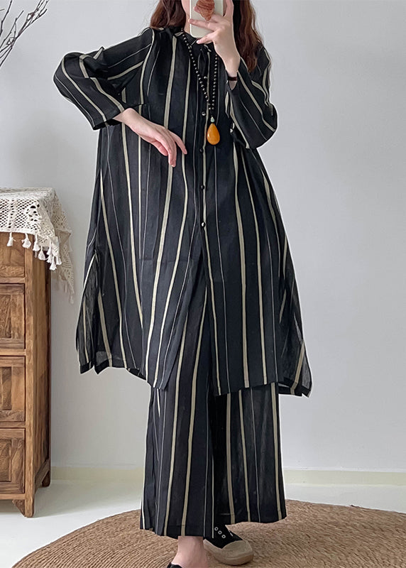 Fashion Black Oversized Striped Linen Silk Two Pieces Set Fall