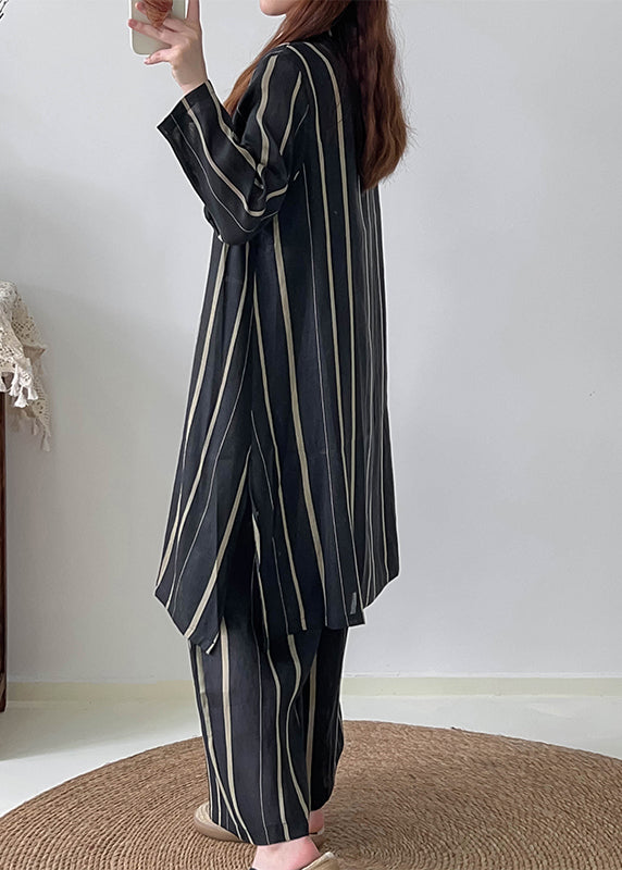 Fashion Black Oversized Striped Linen Silk Two Pieces Set Fall