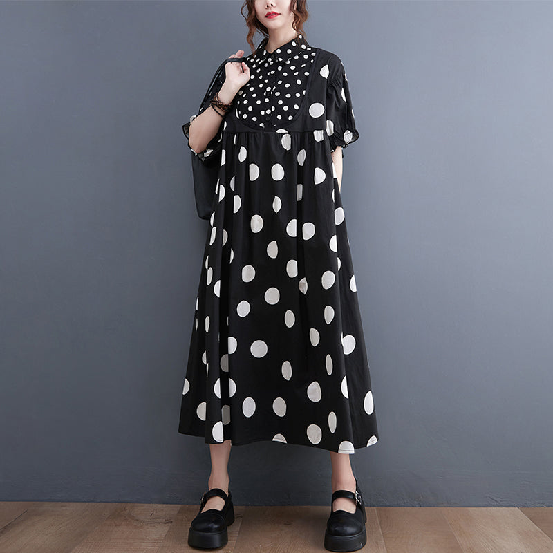 Fashion Black Peter Pan Collar wrinkled Dot Patchwork Dresses Short Sleeve