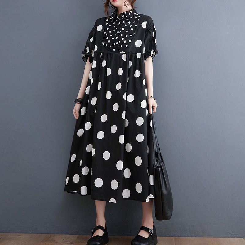 Fashion Black Peter Pan Collar wrinkled Dot Patchwork Dresses Short Sleeve