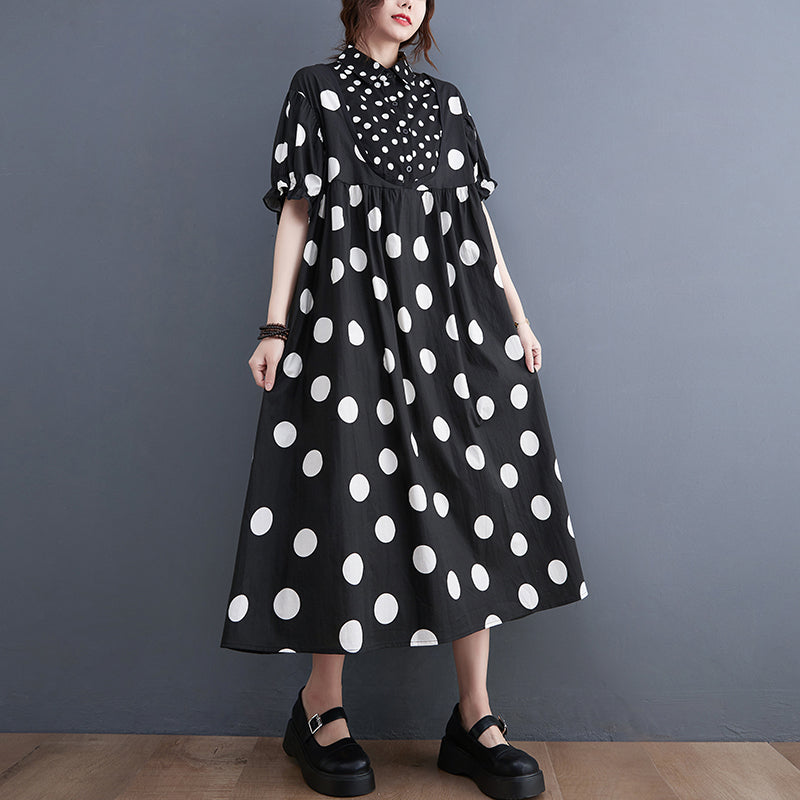 Fashion Black Peter Pan Collar wrinkled Dot Patchwork Dresses Short Sleeve