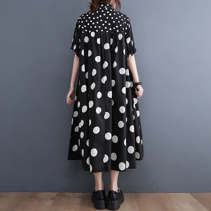 Fashion Black Peter Pan Collar wrinkled Dot Patchwork Dresses Short Sleeve