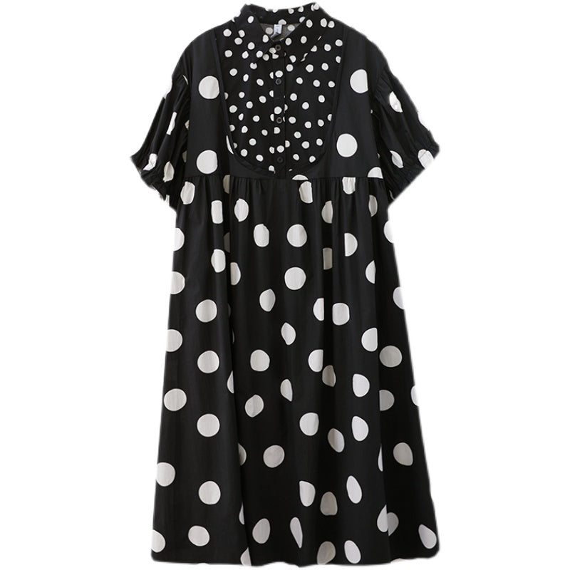 Fashion Black Peter Pan Collar wrinkled Dot Patchwork Dresses Short Sleeve