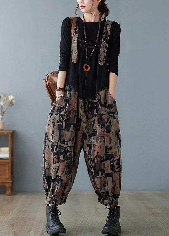 Fashion Black Pockets Button Print Patchwork Fall Outfits Rompers - Omychic