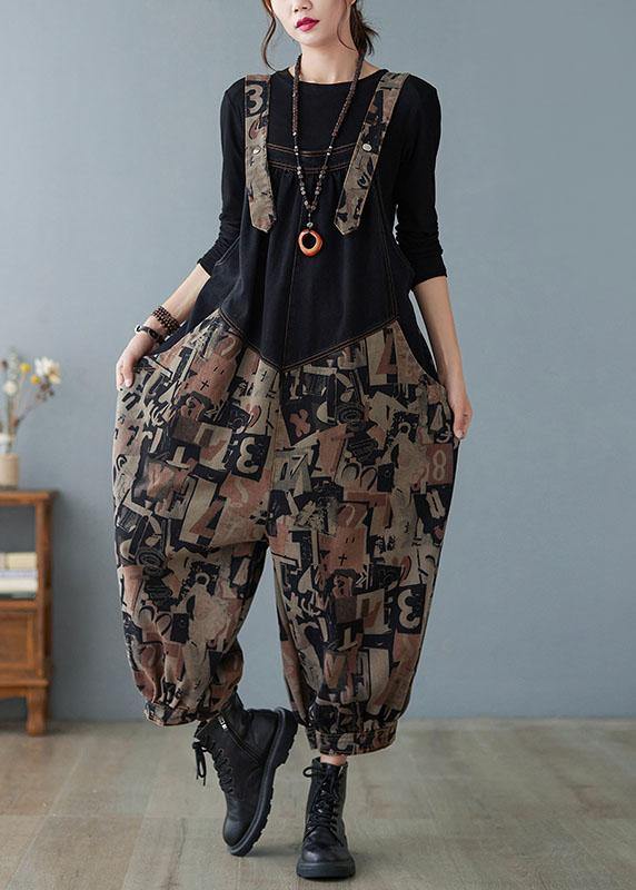 Fashion Black Pockets Button Print Patchwork Fall Outfits Rompers - Omychic