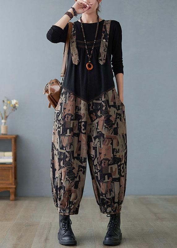 Fashion Black Pockets Button Print Patchwork Fall Outfits Rompers - Omychic
