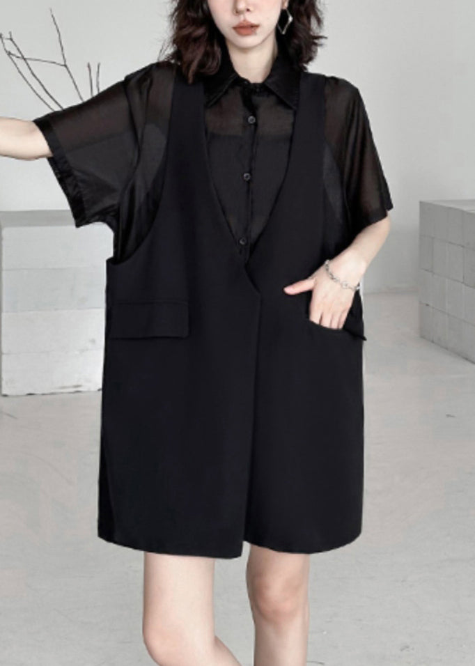 Fashion Black Pockets Patchwork FalseTwo Pieces Cotton Mid Dress Summer