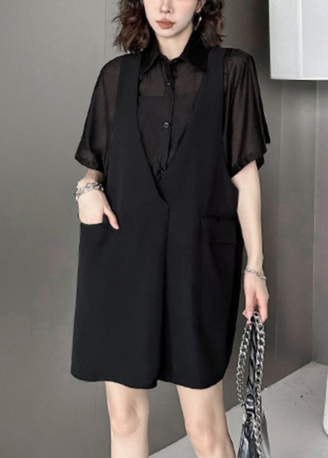Fashion Black Pockets Patchwork FalseTwo Pieces Cotton Mid Dress Summer