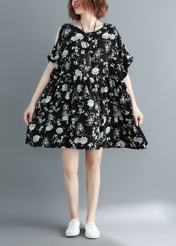 Fashion Black Print Cold Shoulder Cinched holiday Dress Short Sleeve