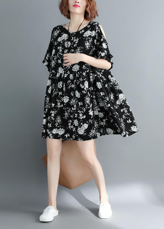 Fashion Black Print Cold Shoulder Cinched holiday Dress Short Sleeve