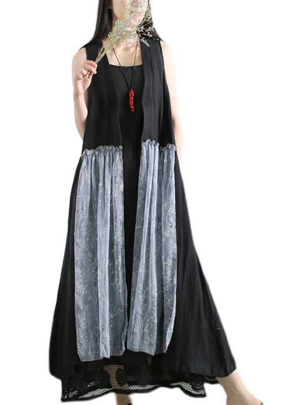 Fashion Black Print Silk Patchwork Linen Waistcoat And Spaghetti Strap Dress Two Piece Set Summer