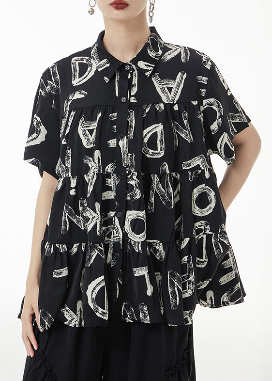 Fashion Black Print Wrinkled Patchwork Silk Shirt Short Sleeve