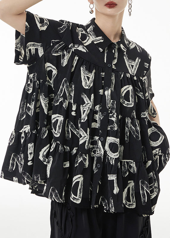 Fashion Black Print Wrinkled Patchwork Silk Shirt Short Sleeve