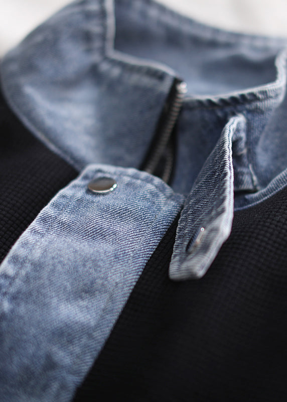 Fashion Black Stand Collar Zippered Button Pockets Denim Patchwork Coats Long Sleeve