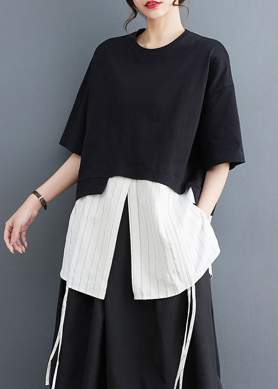 Fashion Black Striped Patchwork Fake Two Pieces Top Short Sleeve
