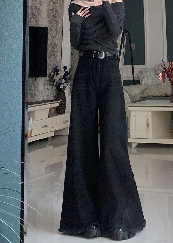 Fashion Black Tasseled Pockets Denim Wide Leg Pants Spring