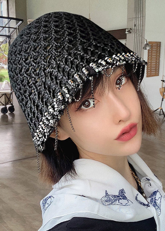 Fashion Black Tasseled Woven Bucket Hat