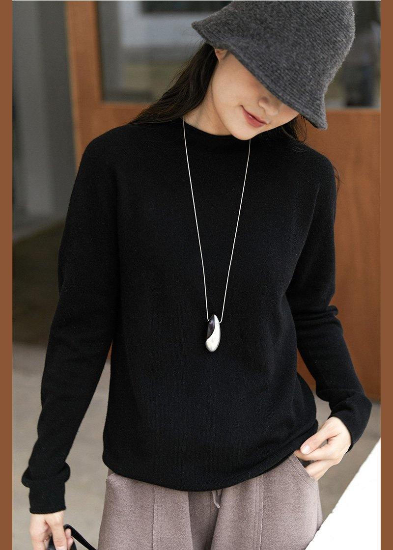 Fashion Black Tops High Neck Oversized Spring Nit Sweaters Tops - Omychic