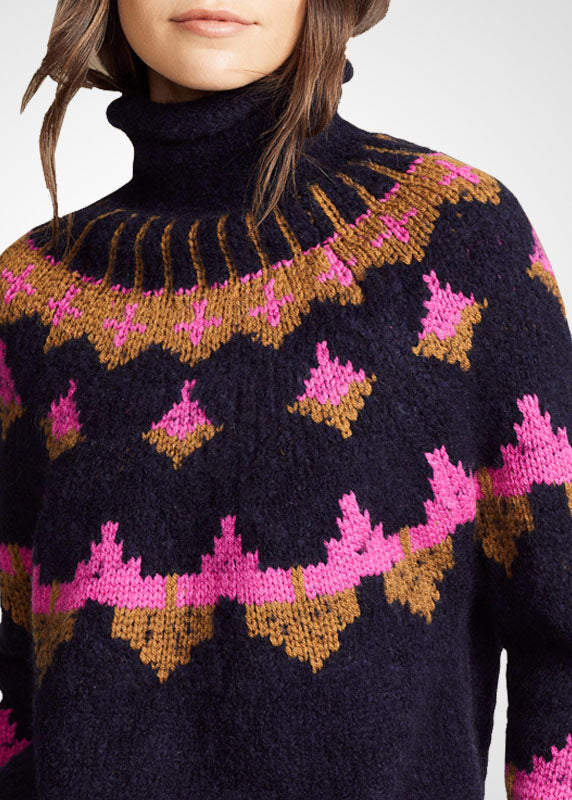 Fashion Black Turtle Neck Print Wool Knit Sweater Tops Winter