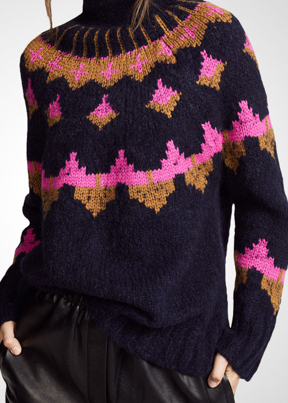Fashion Black Turtle Neck Print Wool Knit Sweater Tops Winter