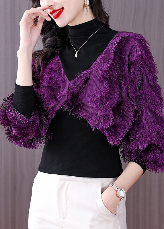 Fashion Black Turtleneck Fuzzy Fur Fluffy Patchwork Fake Two Pieces Tops Fall