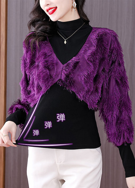 Fashion Black Turtleneck Fuzzy Fur Fluffy Patchwork Fake Two Pieces Tops Fall