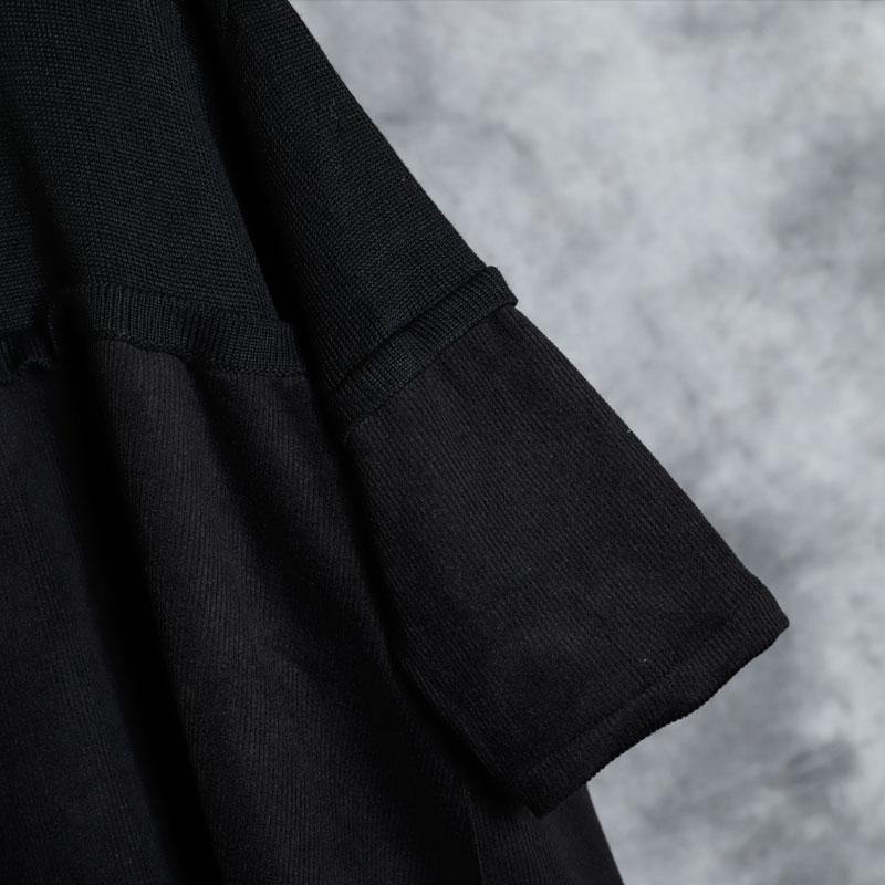Fashion Black Turtleneck Patchwork Corduroy Fall Long Sweater - Omychic