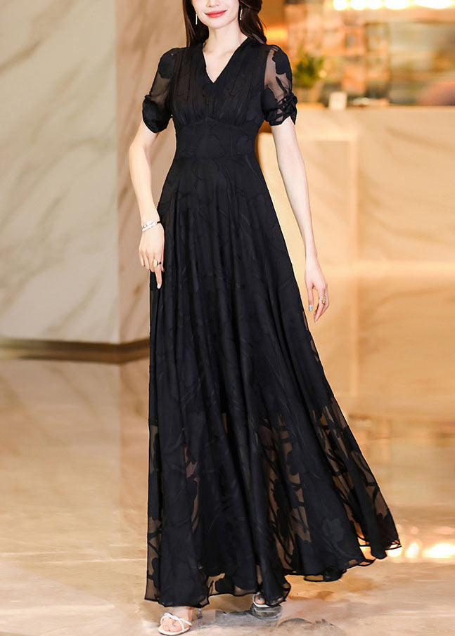 Fashion Black V Neck High Waist Tulle Patchwork Chiffon Long Dress Summer