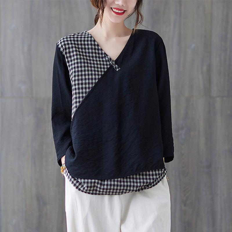 Fashion Black V Neck Plaid Patchwork Shirt Tops Three Quarter sleeve