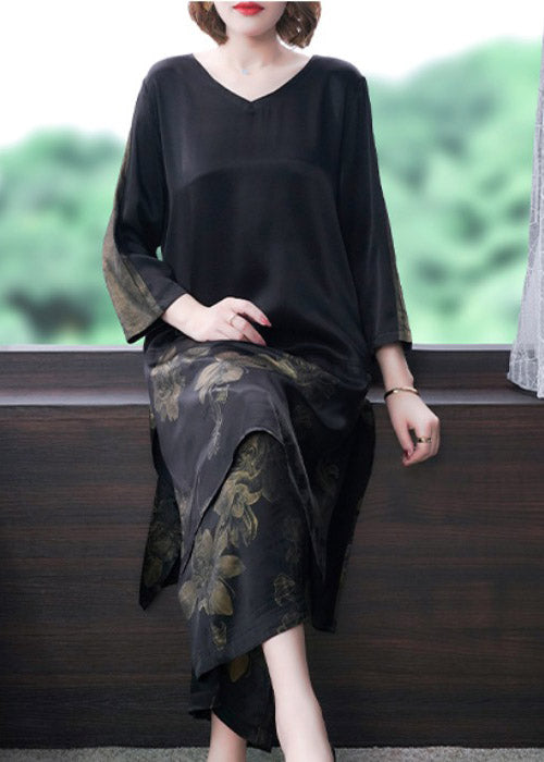 Fashion Black V Neck Print Silk Top And Pants Two Pieces Set Spring