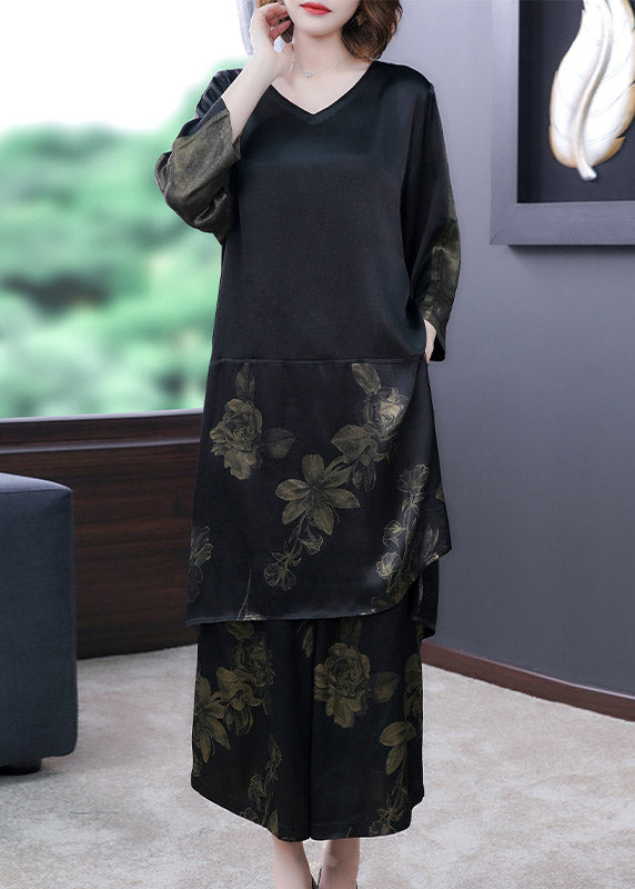 Fashion Black V Neck Print Silk Top And Pants Two Pieces Set Spring