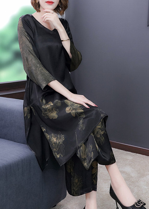 Fashion Black V Neck Print Silk Top And Pants Two Pieces Set Spring