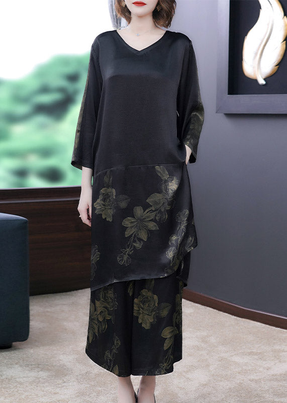 Fashion Black V Neck Print Silk Top And Pants Two Pieces Set Spring