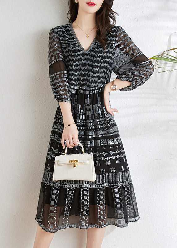 Fashion Black V Neck Print Slim Silk Long Dresses Spring