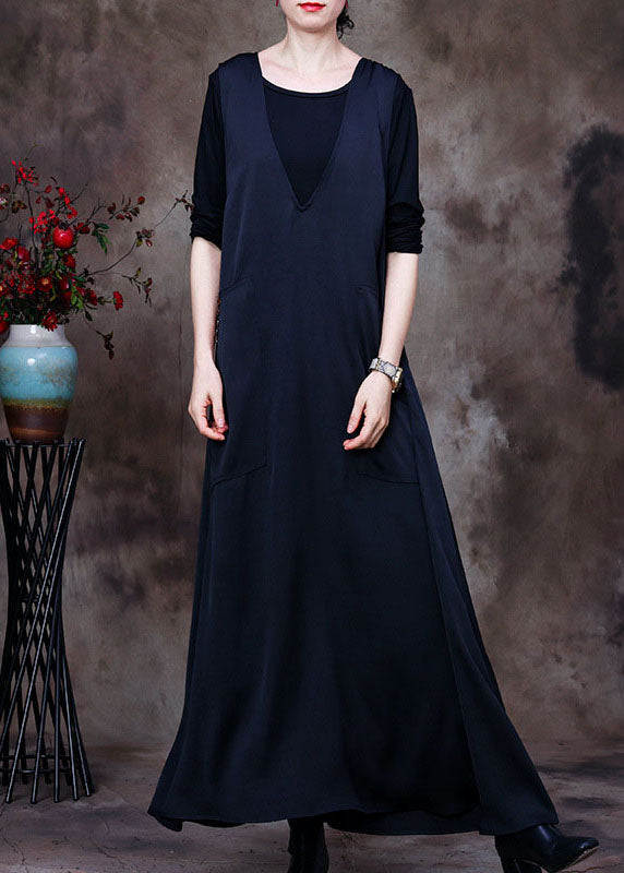 Fashion Black V Neck pockets Silk Maxi Dresses Sleeveless