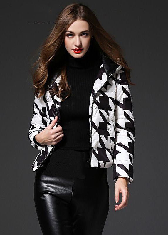 Fashion Black White Plaid Hooded Zippered Duck Down Puffer Jacket Winter