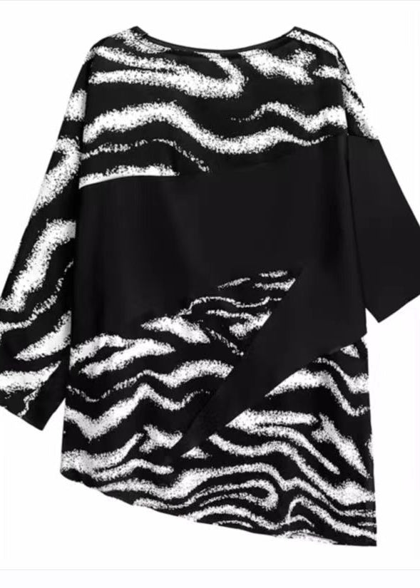 Fashion Black White Striped O-Neck Patchwork Silk Shirt Summer