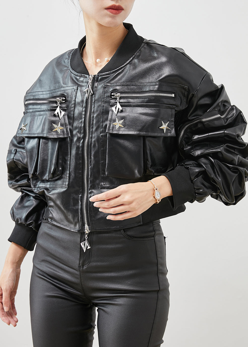 Fashion Black Zip Up Rivet Faux Leather Jackets Spring