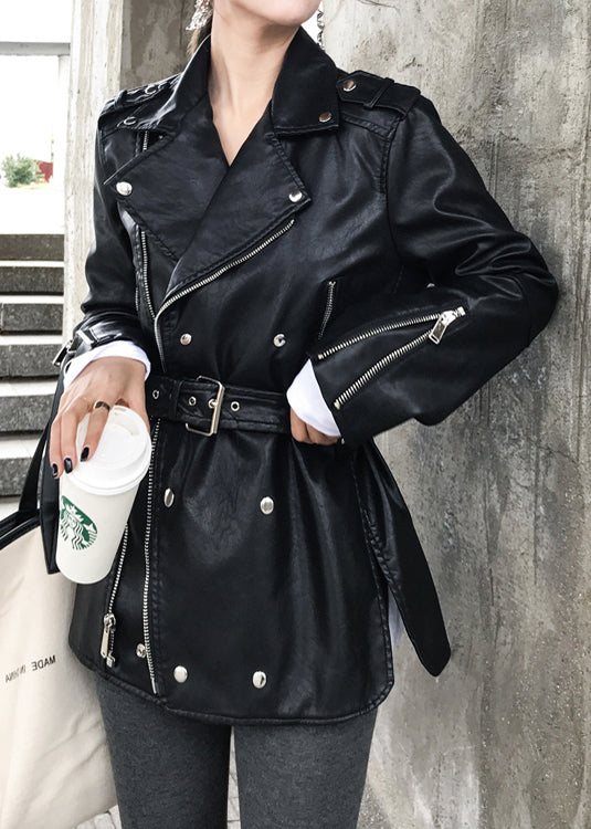Fashion Black Zip Up Tie Waist Patchwork Faux Leather Coats Fall