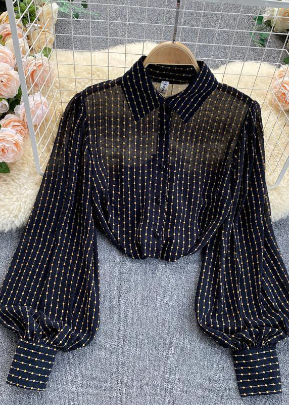 Fashion Black button Peter Pan Collar print Chiffon Blouse Tops lantern sleeve