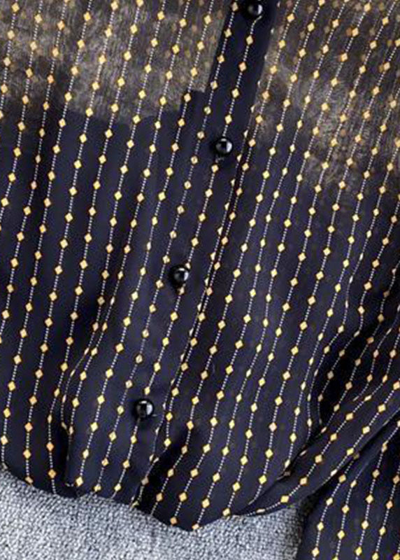 Fashion Black button Peter Pan Collar print Chiffon Blouse Tops lantern sleeve