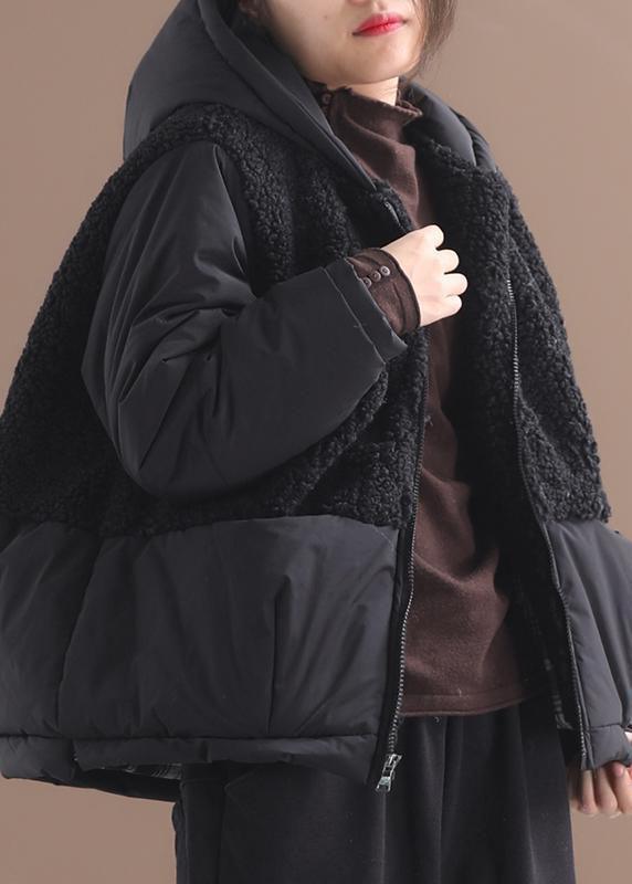 Fashion Black hooded Patchwork Zippered Long Sleeve Winter Coat - Omychic