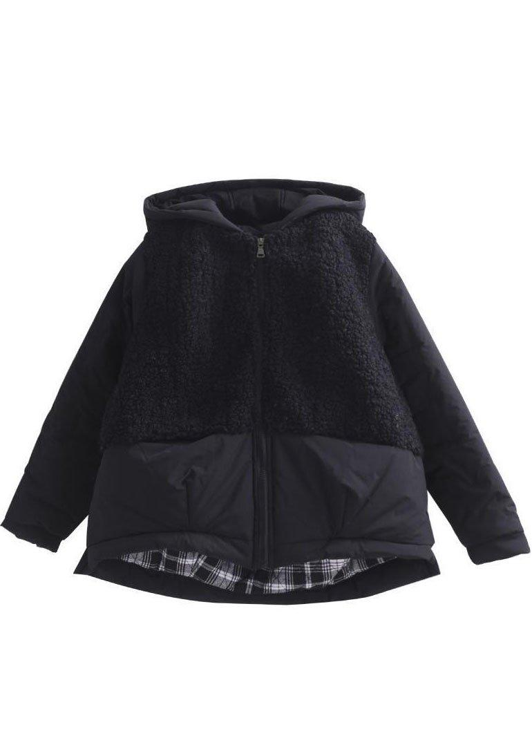 Fashion Black hooded Patchwork Zippered Long Sleeve Winter Coat - Omychic