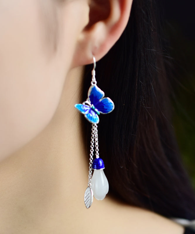 Fashion Blue Floral Paitings Silver Gem Stone Drop Earrings