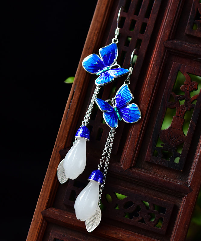 Fashion Blue Floral Paitings Silver Gem Stone Drop Earrings